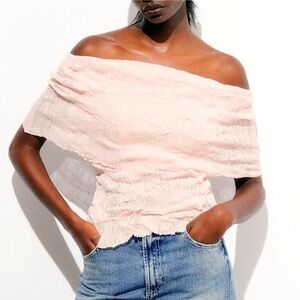 Zara Creased-Effect Off-The-Shoulder Knit Top Shirt Light Pink Ruffle Size S NWT